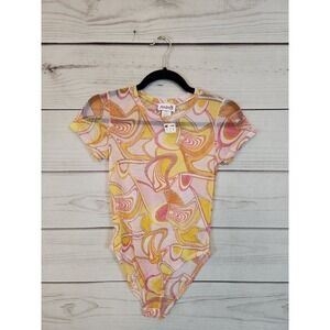 Madrag Womens Multicolor Groovy Retro 70s‎  Round Neck Short Sleeve Bodysuit  S